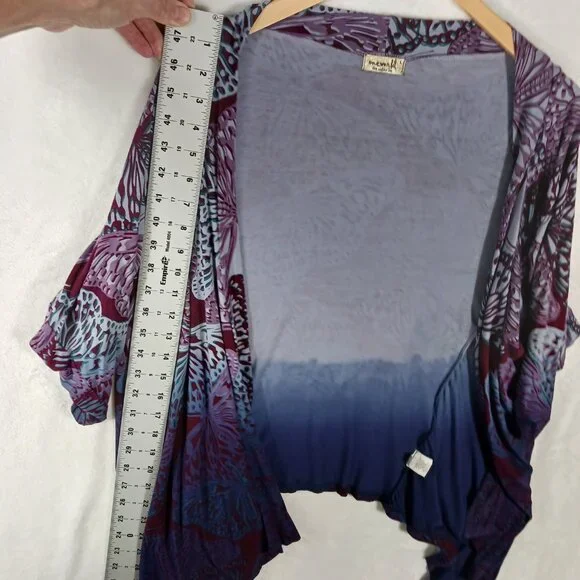 One World, Large, Butterfly Print Wrap, Ruched Sleeves, Blue/Purple/Maroon, Boho - Picture 12 of 16